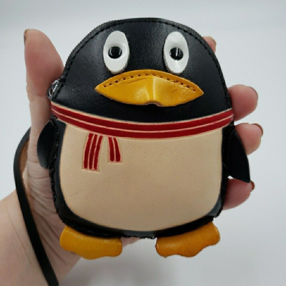 Cute Penguin Gift Card Holder Handmade Leather Coin Purse Wristlet Wallet Pouch